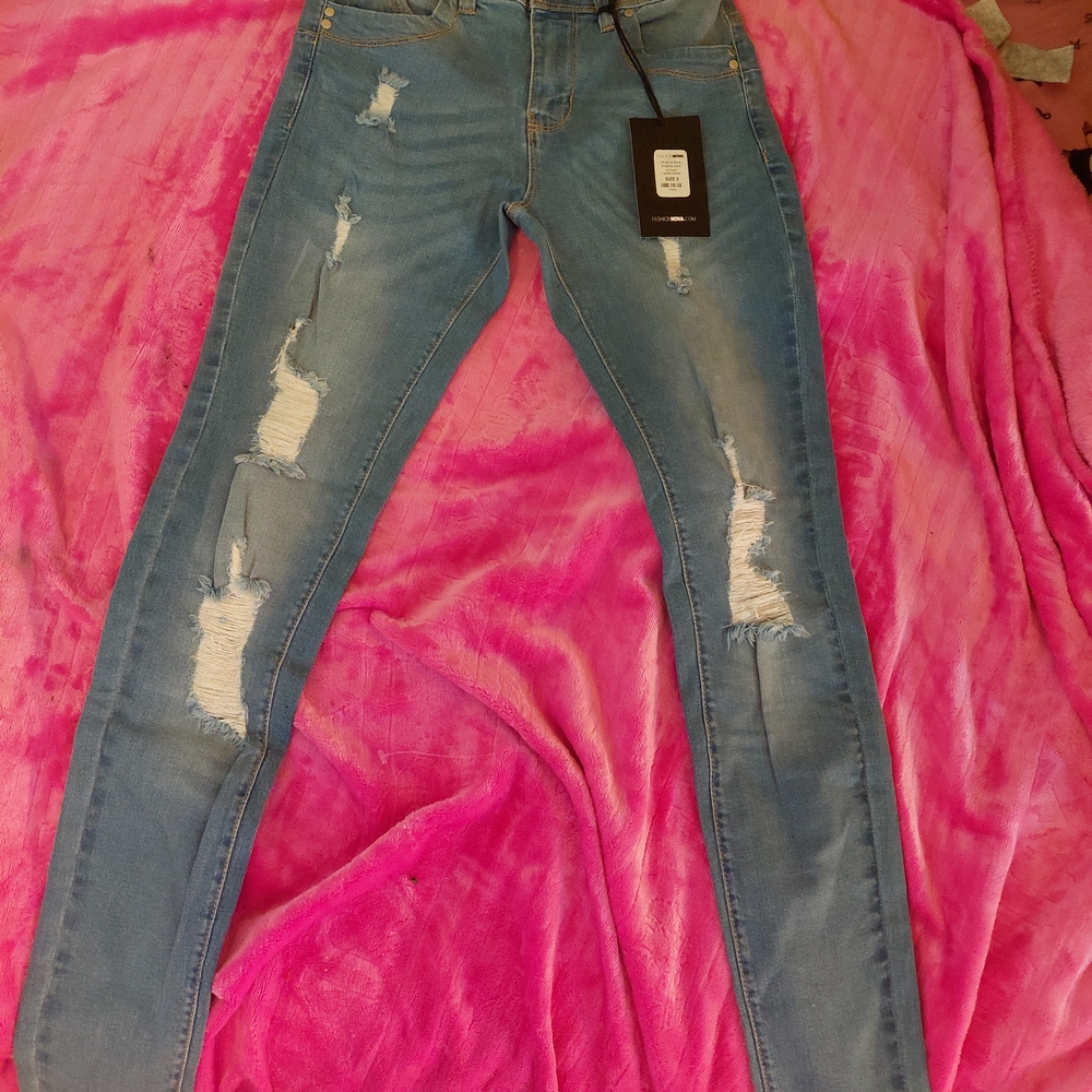 Fashion Nova Light Blue Distressed Skinny Jeans